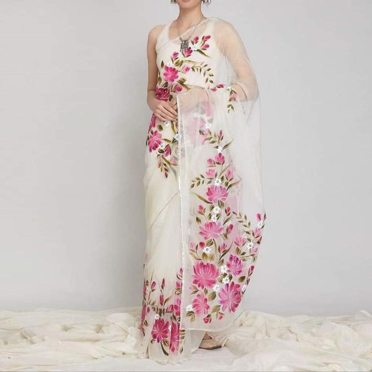 Hand Printed Exclusive Design half silk saree